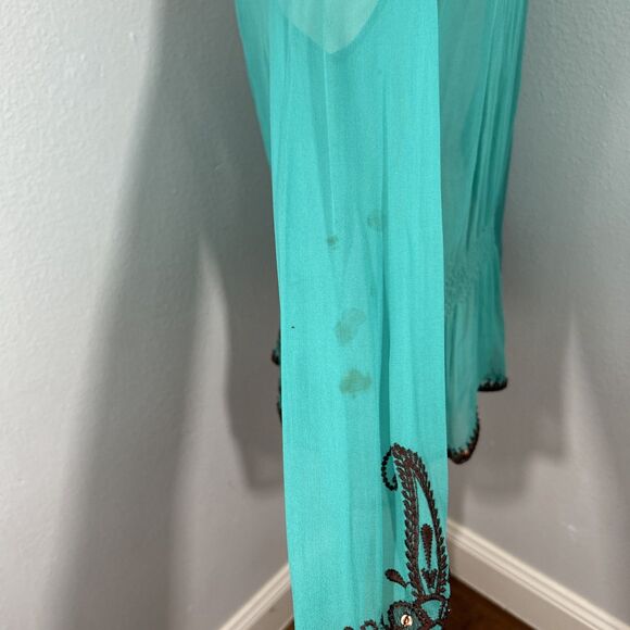 Cache Blouse Womens S Green Silk Sheer Embroidered Boho Peasant Top - Picture 3 of 10